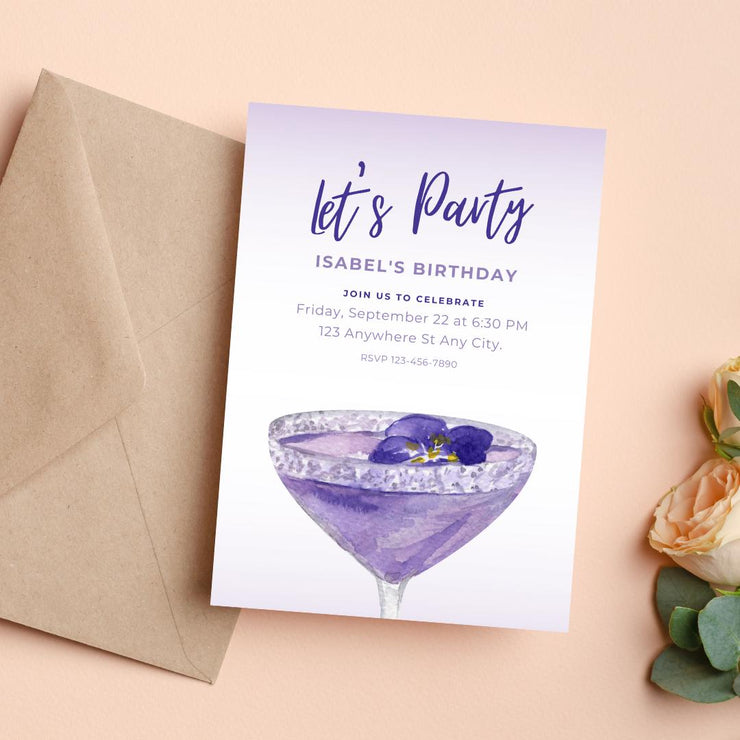 Elegant Violet/ purple Birthday Party Invitation Template – Customizable Canva Design for Any Event- cocktail birthday invitation