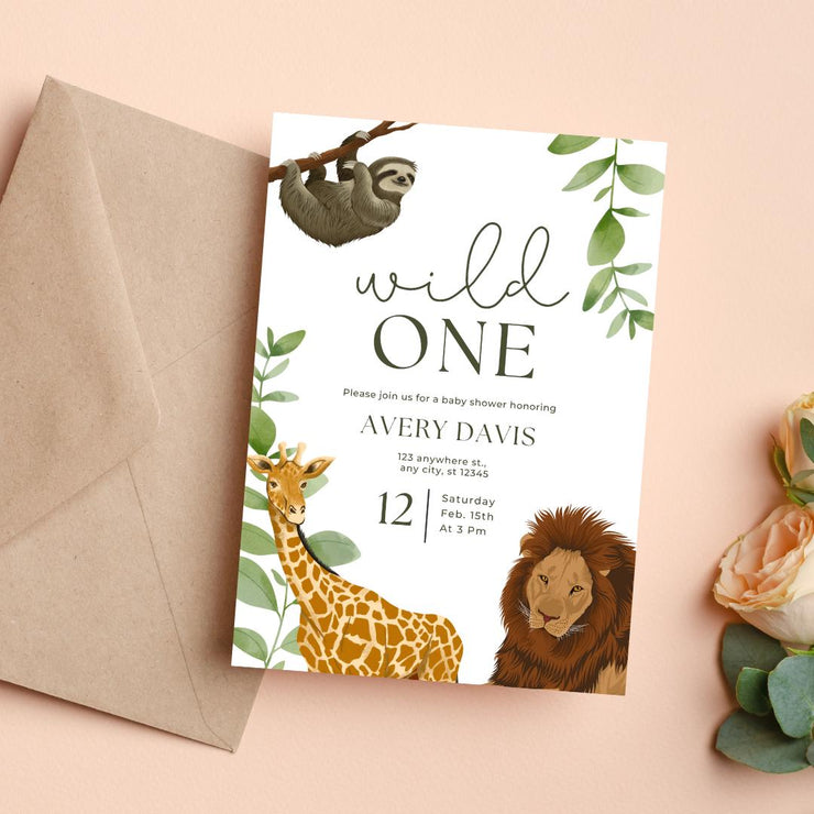 Wild One Jungle / safari Birthday Invitation | Editable Canva Template | Digital Animal Safari birthday Theme | Birthday Printable Invite