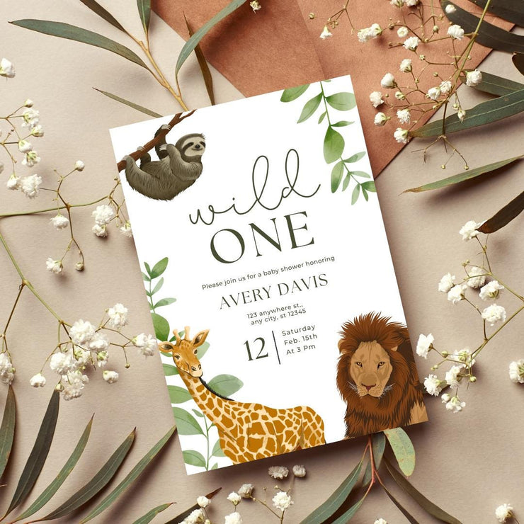 Wild One Jungle / safari Birthday Invitation | Editable Canva Template | Digital Animal Safari birthday Theme | Birthday Printable Invite