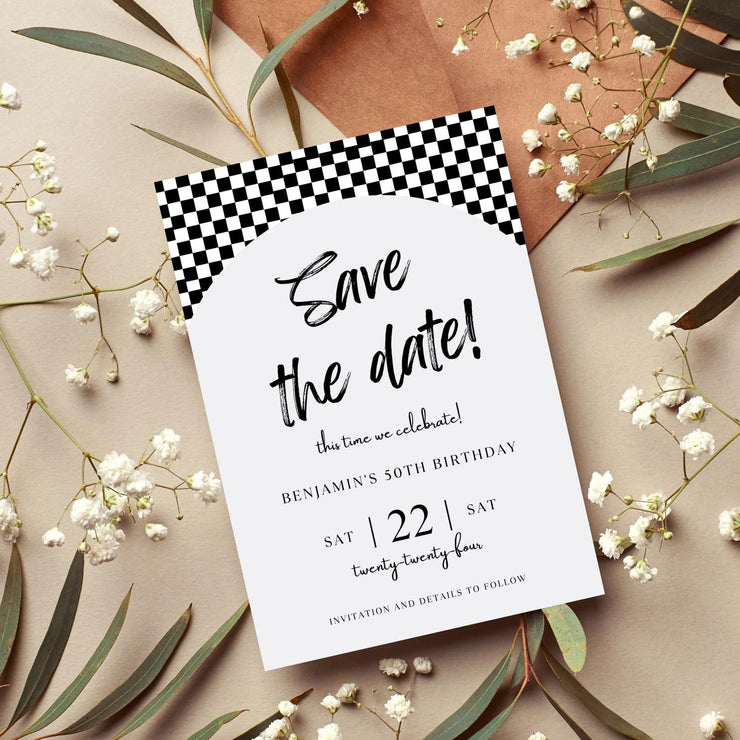 Racing-Themed Birthday Invitation | Editable Digital Invitation | Black and White Checkered Flag Design