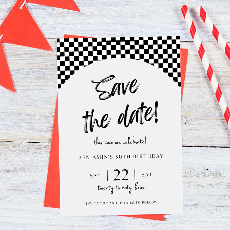 Racing-Themed Birthday Invitation | Editable Digital Invitation | Black and White Checkered Flag Design