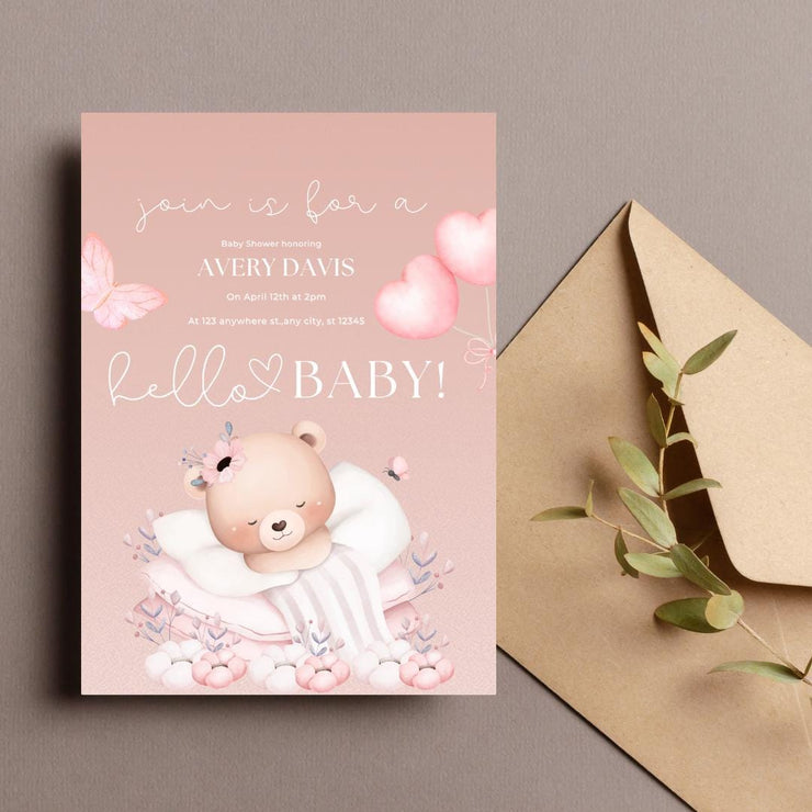 Customizable Baby Shower Invitation Template - Adorable Bear Design - Editable Canva party invite template