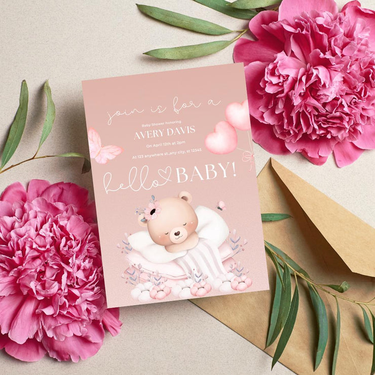 Customizable Baby Shower Invitation Template - Adorable Bear Design - Editable Canva party invite template