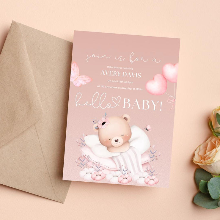 Customizable Baby Shower Invitation Template - Adorable Bear Design - Editable Canva party invite template