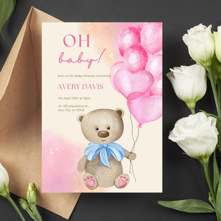 Pink Balloons & Teddy Bear Baby Shower Invitation | Editable Canva Template | Customizable Digital Invitation for Baby Girls