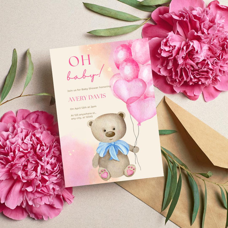 Pink Balloons & Teddy Bear Baby Shower Invitation | Editable Canva Template | Customizable Digital Invitation for Baby Girls