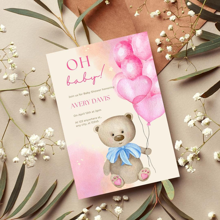 Pink Balloons & Teddy Bear Baby Shower Invitation | Editable Canva Template | Customizable Digital Invitation for Baby Girls