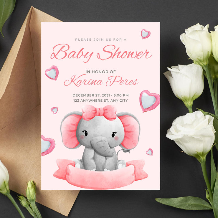 Adorable Elephant Baby Shower Invitation - Pink Customizable Canva Template- party invite