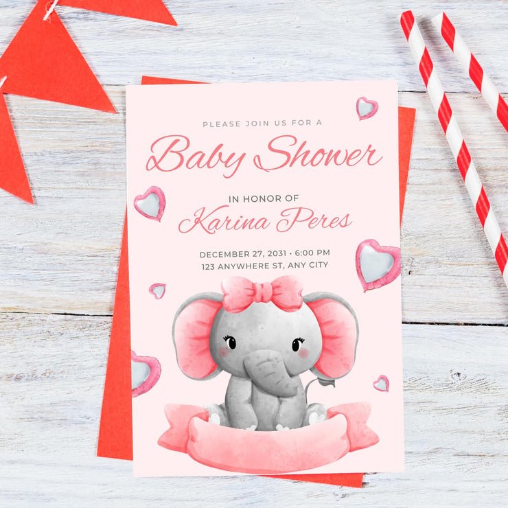 Adorable Elephant Baby Shower Invitation - Pink Customizable Canva Template- party invite