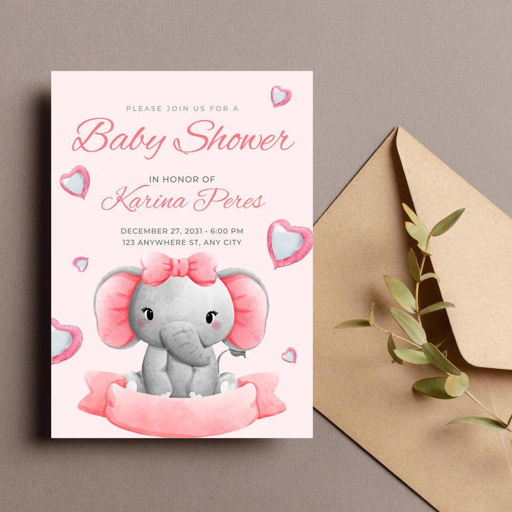 Adorable Elephant Baby Shower Invitation - Pink Customizable Canva Template- party invite