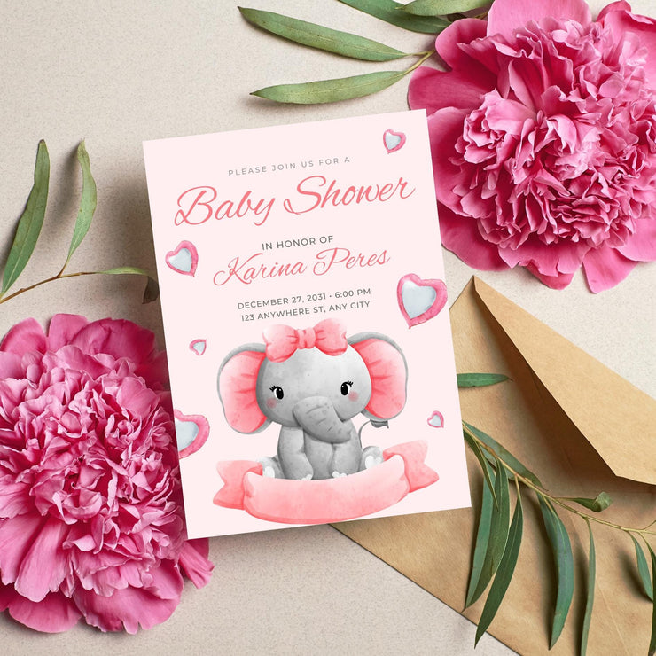 Adorable Elephant Baby Shower Invitation - Pink Customizable Canva Template- party invite