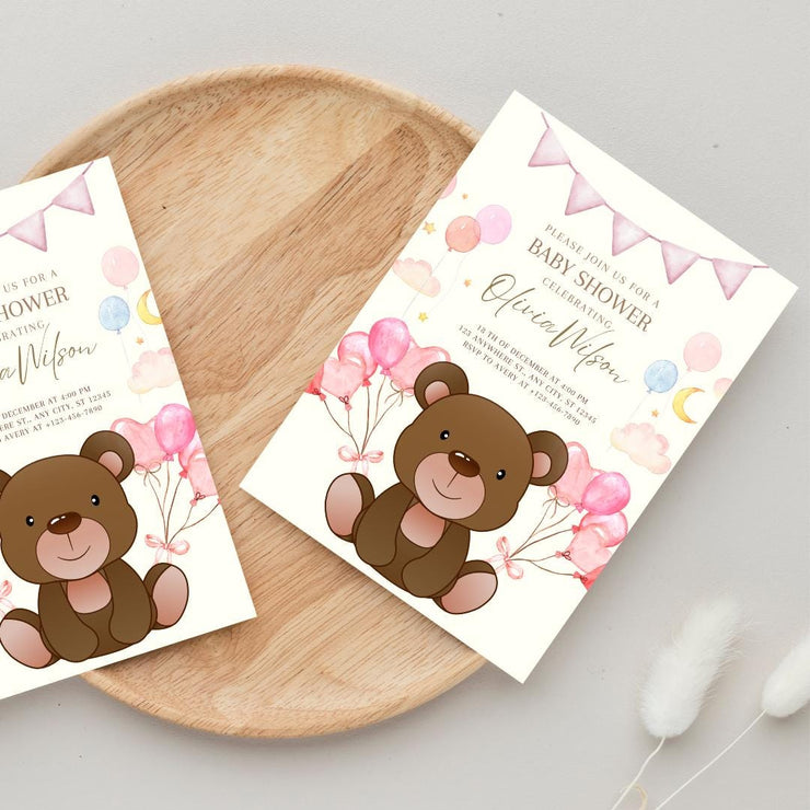 Teddy Bear Baby Shower Invitation - party Pink Balloon Theme - Digital Canva Template