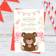 Teddy Bear Baby Shower Invitation - party Pink Balloon Theme - Digital Canva Template