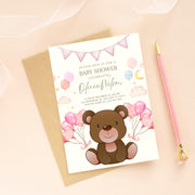 Teddy Bear Baby Shower Invitation - party Pink Balloon Theme - Digital Canva Template