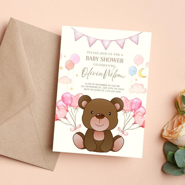 Teddy Bear Baby Shower Invitation - party Pink Balloon Theme - Digital Canva Template