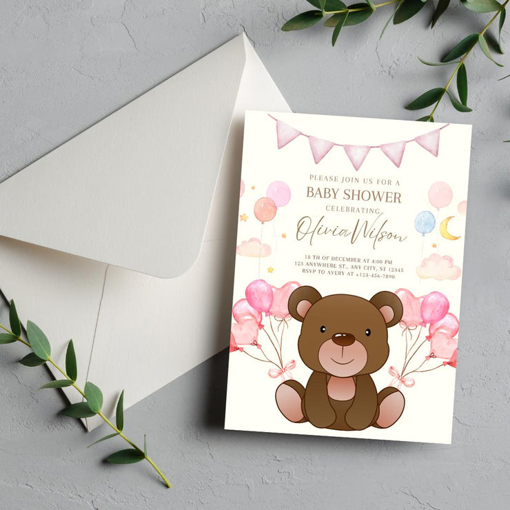 Teddy Bear Baby Shower Invitation - party Pink Balloon Theme - Digital Canva Template