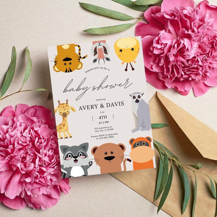 Editable Baby Shower Invitation with Cute Safari Animals | Customizable party Canva Template | Fun Jungle Theme