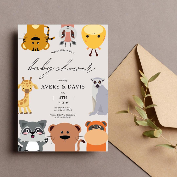 Editable Baby Shower Invitation with Cute Safari Animals | Customizable party Canva Template | Fun Jungle Theme