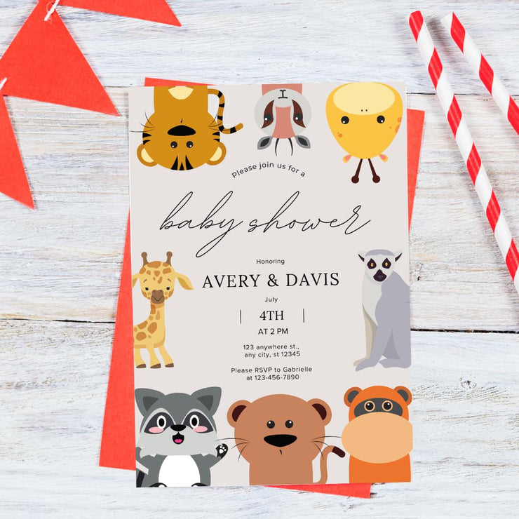 Editable Baby Shower Invitation with Cute Safari Animals | Customizable party Canva Template | Fun Jungle Theme