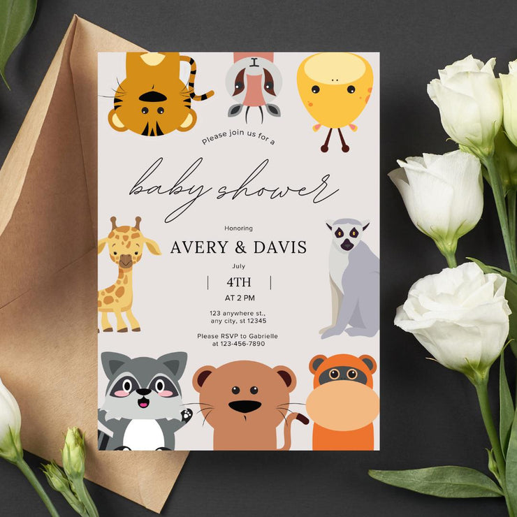 Editable Baby Shower Invitation with Cute Safari Animals | Customizable party Canva Template | Fun Jungle Theme