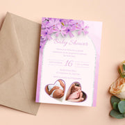 Customizable Purple Floral Baby Shower Invitation with Heart Frames | Editable Canva party Template