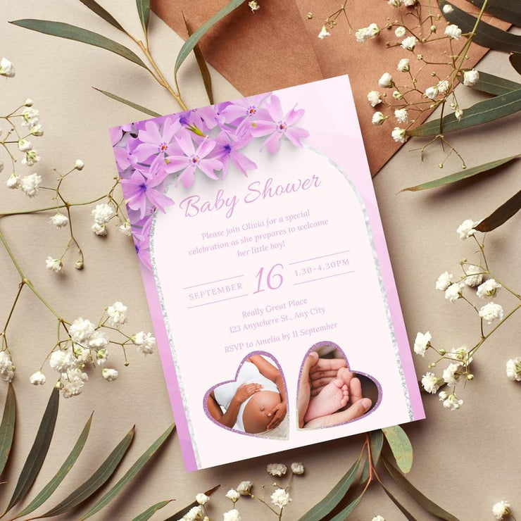 Customizable Purple Floral Baby Shower Invitation with Heart Frames | Editable Canva party Template