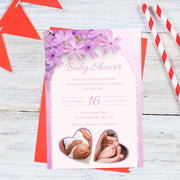 Customizable Purple Floral Baby Shower Invitation with Heart Frames | Editable Canva party Template