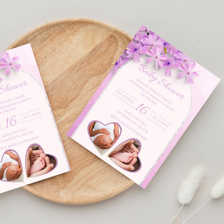 Customizable Purple Floral Baby Shower Invitation with Heart Frames | Editable Canva party Template