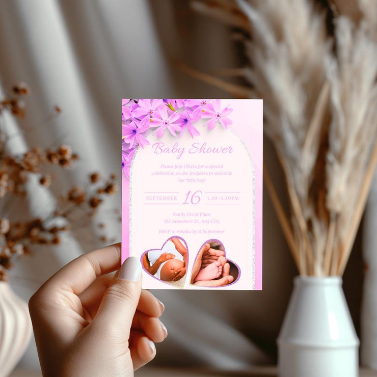 Customizable Purple Floral Baby Shower Invitation with Heart Frames | Editable Canva party Template