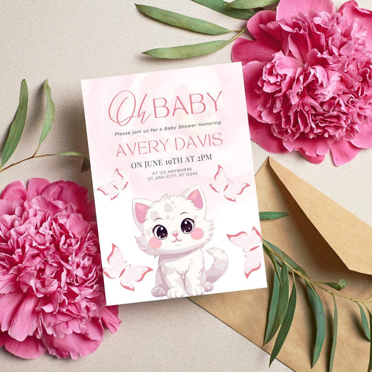 Adorable Kitten Baby Shower Invitation with Pink Butterflies | Editable Canva party Template