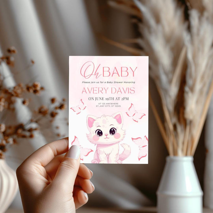 Adorable Kitten Baby Shower Invitation with Pink Butterflies | Editable Canva party Template