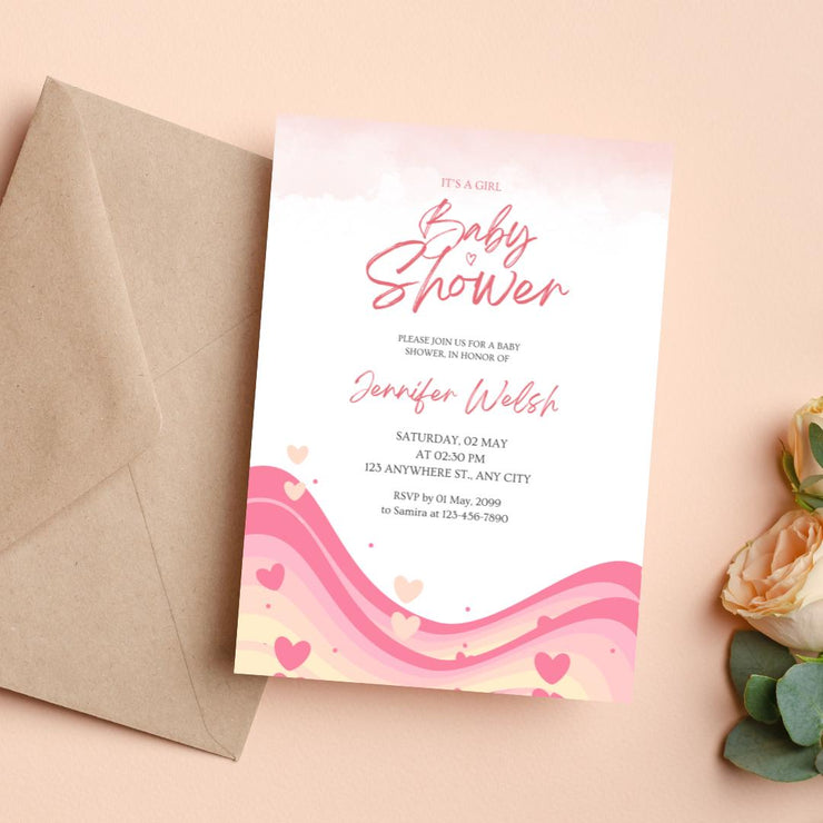 Pink Waves Baby Shower Invitation | Customizable Girl Baby Shower Template | Editable Canva Invite