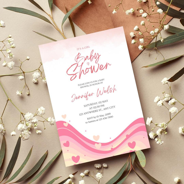 Pink Waves Baby Shower Invitation | Customizable Girl Baby Shower Template | Editable Canva Invite