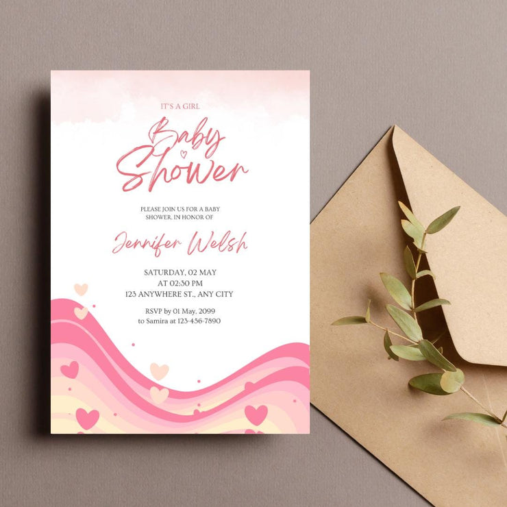 Pink Waves Baby Shower Invitation | Customizable Girl Baby Shower Template | Editable Canva Invite