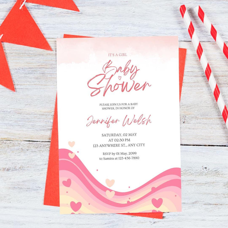 Pink Waves Baby Shower Invitation | Customizable Girl Baby Shower Template | Editable Canva Invite