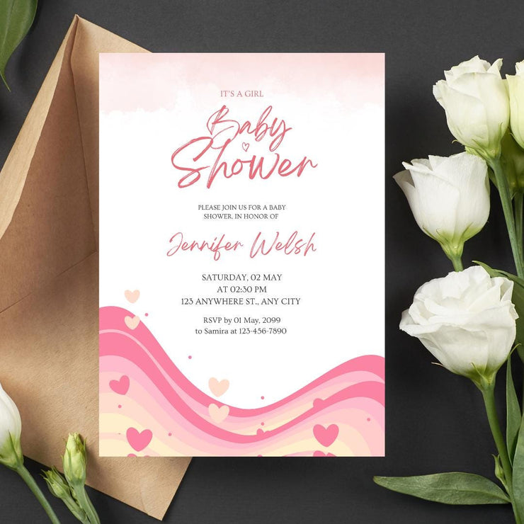 Pink Waves Baby Shower Invitation | Customizable Girl Baby Shower Template | Editable Canva Invite