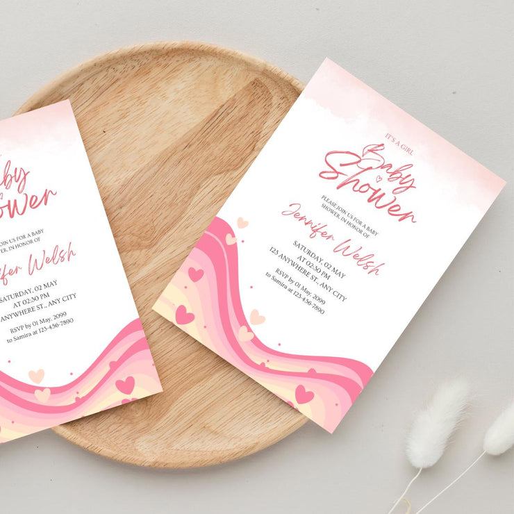 Pink Waves Baby Shower Invitation | Customizable Girl Baby Shower Template | Editable Canva Invite