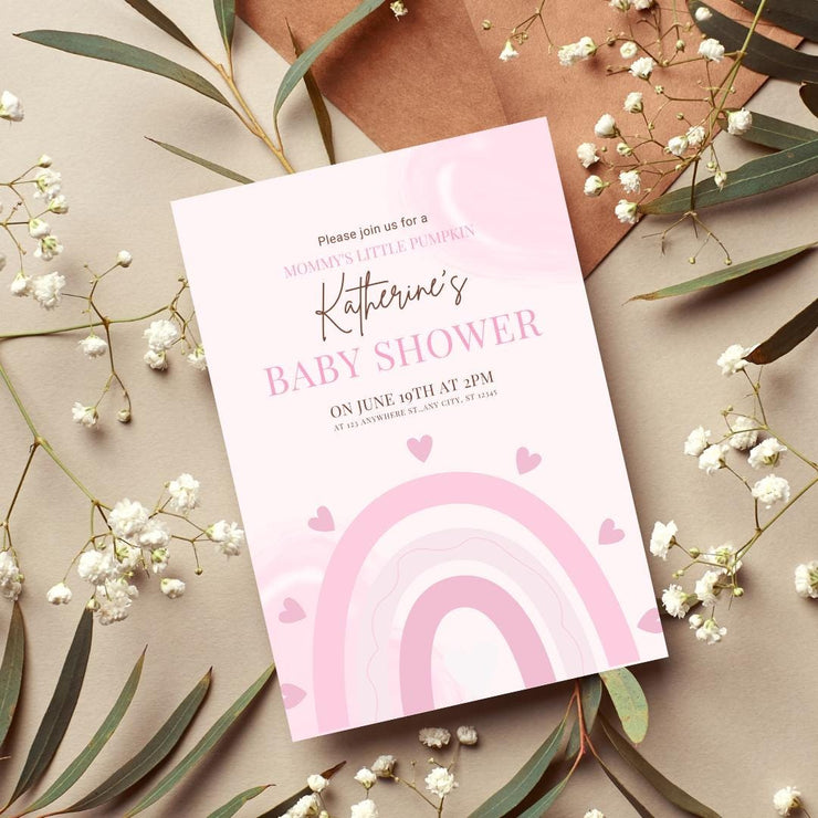 Pink Rainbow Baby Shower Invitation Template | Customizable Baby Shower Card with Hearts | Canva Editable templates