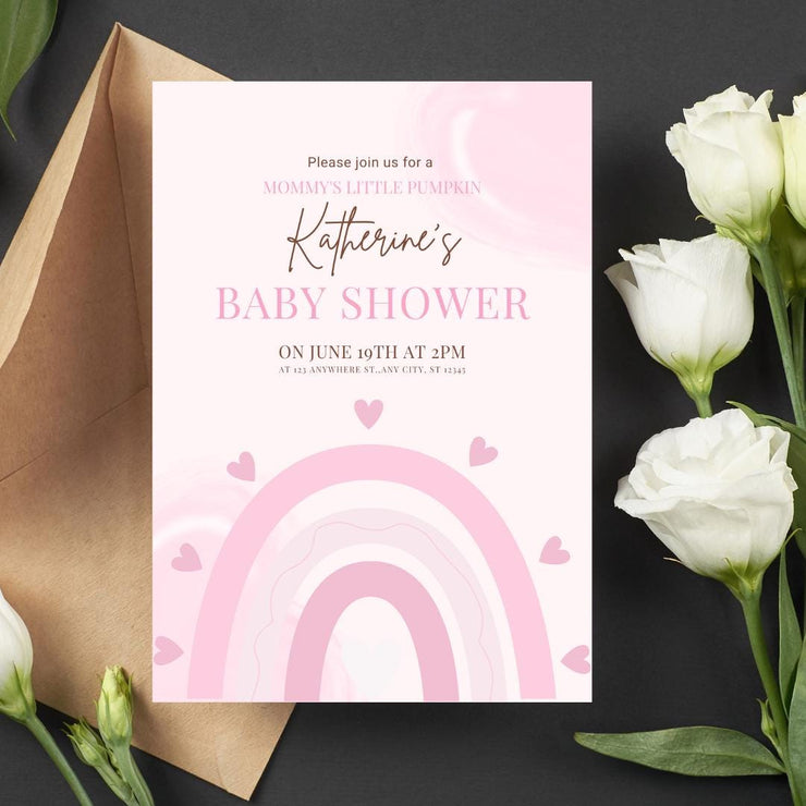 Pink Rainbow Baby Shower Invitation Template | Customizable Baby Shower Card with Hearts | Canva Editable templates