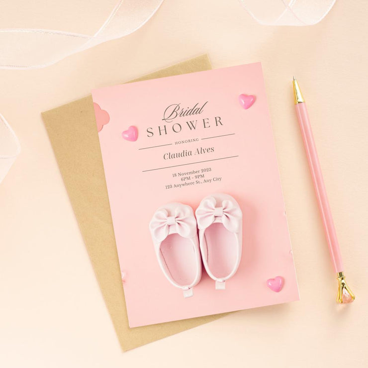 Pink Baby Shoes Baby Shower Invitation Template - Editable Canva Design with Hearts- gender reveal- pink pastel invite