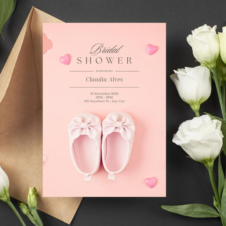 Pink Baby Shoes Baby Shower Invitation Template - Editable Canva Design with Hearts- gender reveal- pink pastel invite