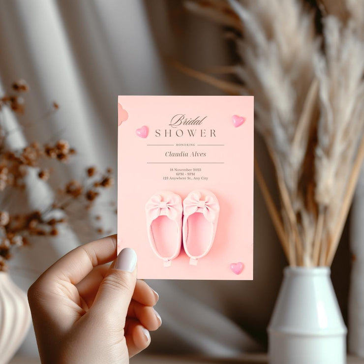 Pink Baby Shoes Baby Shower Invitation Template - Editable Canva Design with Hearts- gender reveal- pink pastel invite