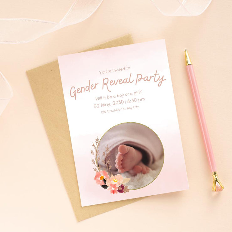 Gender Reveal Party Invitation Template | Editable Floral Baby Shower invite Card | Customizable Canva Design with Pink Accents