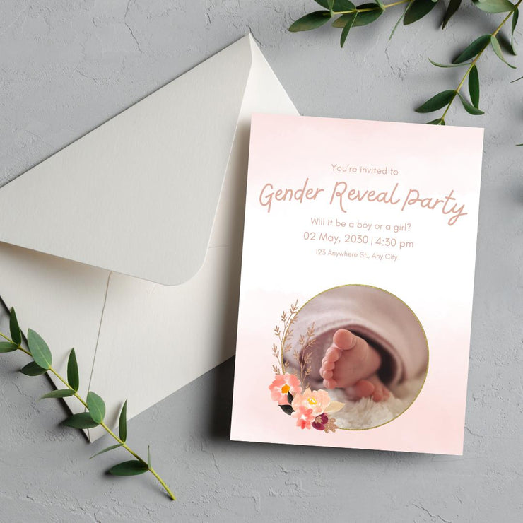 Gender Reveal Party Invitation Template | Editable Floral Baby Shower invite Card | Customizable Canva Design with Pink Accents