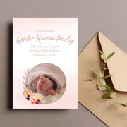 Gender Reveal Party Invitation Template | Editable Floral Baby Shower invite Card | Customizable Canva Design with Pink Accents