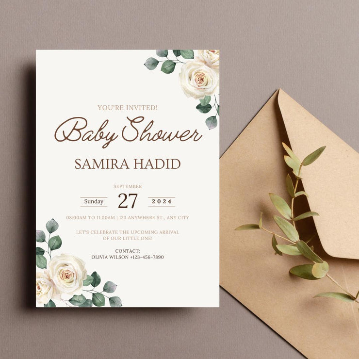 Baby shower Floral Baby Shower Invitation Template | Editable Beige Rose and Green Leaf Canva gender reveal invite Design