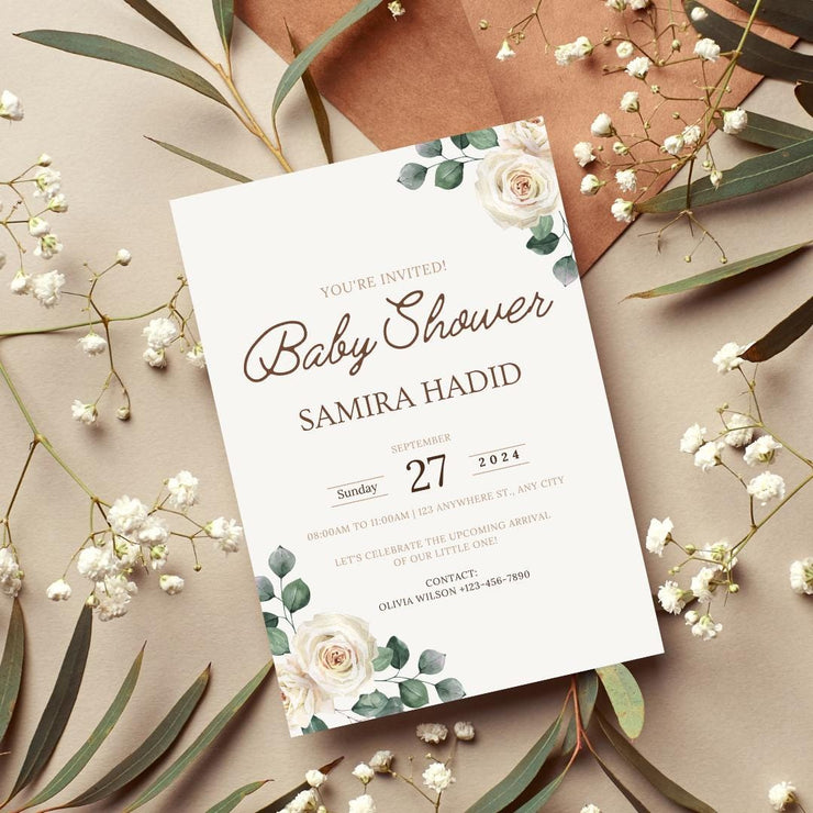 Baby shower Floral Baby Shower Invitation Template | Editable Beige Rose and Green Leaf Canva gender reveal invite Design