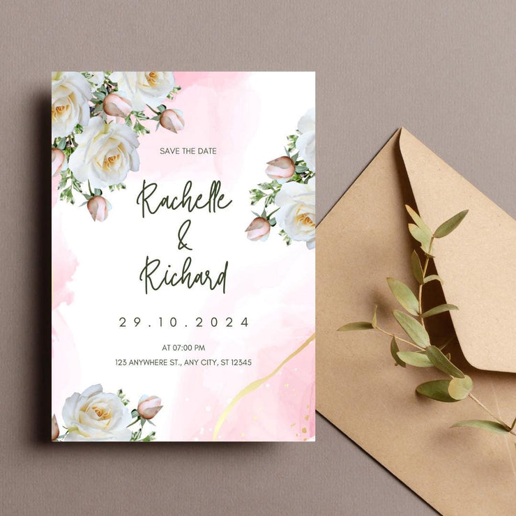 Pink floral and White Rose Wedding Invitation Template | Editable Pink Watercolor Accents | Instant Download Canva design