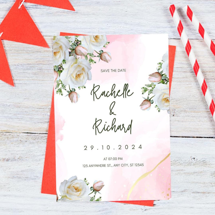 Pink floral and White Rose Wedding Invitation Template | Editable Pink Watercolor Accents | Instant Download Canva design