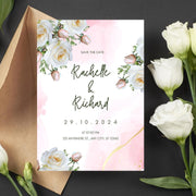 Pink floral and White Rose Wedding Invitation Template | Editable Pink Watercolor Accents | Instant Download Canva design